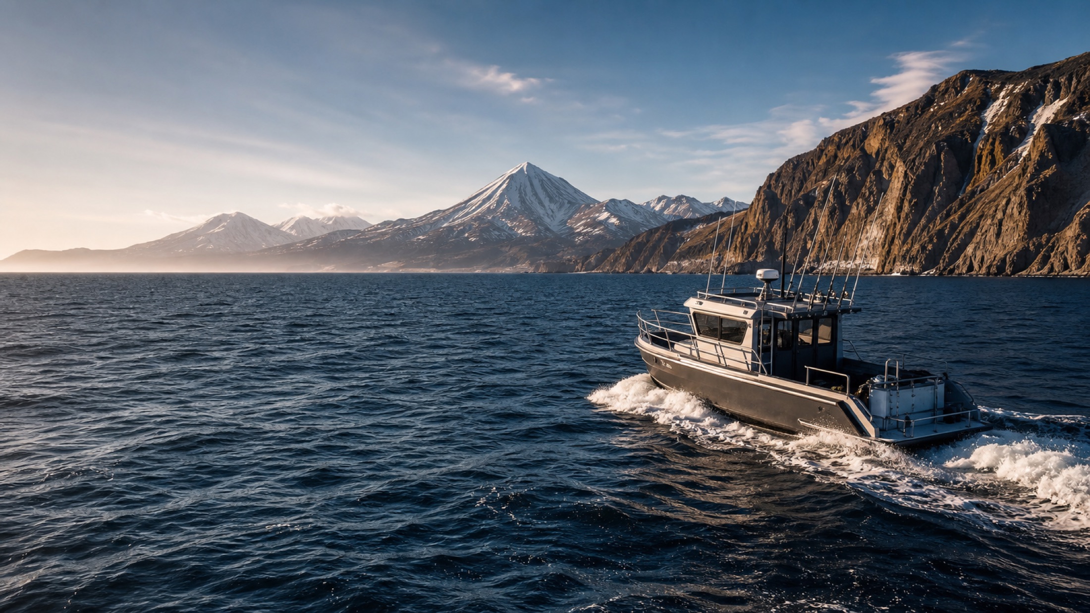 Boat in the ocean near the volcanic Kamchatka coast